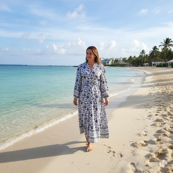 Boden Addie Linen Midi Dress US6R Blue Bird Floral Belt Pocket Block Resort Boho - Picture 2 of 16